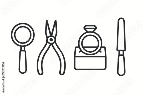 Outline of jewelry-making tools: magnifying glass, pliers, ring sizing, file