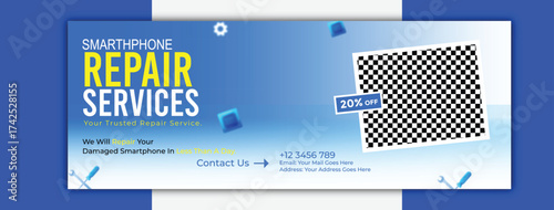 Smartphone repair services advertisement cover with cracked screen on display