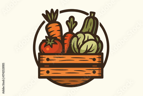 Colorful vector illustration of fresh vegetables in a wooden crate