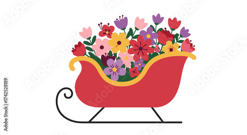 Colorful flower arrangement in a red sleigh for Christmas delivery  