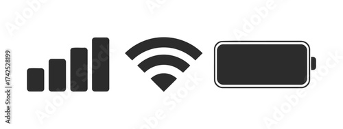 Signal strength wi-fi network and battery status icons collection vector scalable eps graphics silhouette vector illustration white background