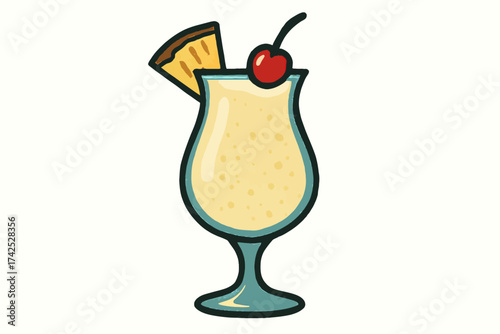 Refreshing piña colada illustration with cherry garnish in cocktail glass