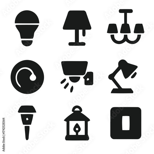 Collection of vector icons for home lighting solutions including bulbs lamps chandeliers switches and more scalable eps silhouette vector illustration white background