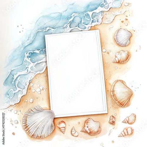 Beach wedding card mockup with seashells, sand textures and ocean blue palette, tropical destination theme, blank frame, perfect for inviting summer vibes and ocean-themed designs.