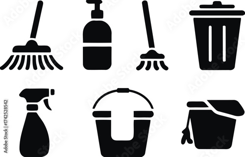 Set of cleanliness and hygiene icons vector graphics for cleaning services and household chores in eps format silhouette vector illustration white background