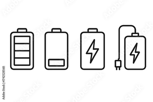 Battery icons depicting different charge levels and charging