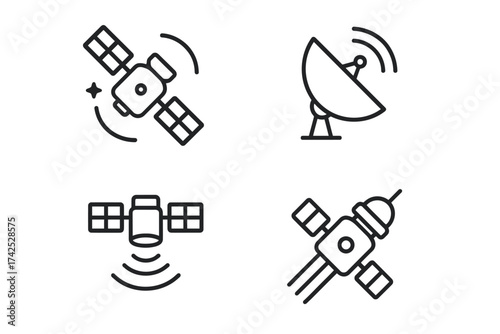 Satellite and antenna line icons: communication and technology symbols