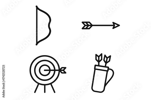 Archery icon set: bow, arrow, target, and quiver illustrations in black