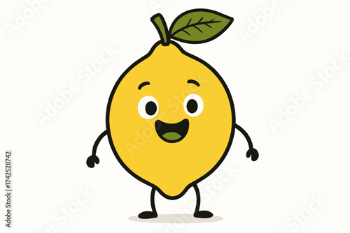 Cheerful cartoon lemon character with leaf smiling happily