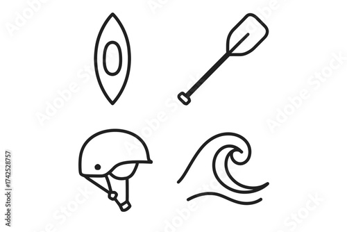 Kayak adventure icons: paddle, helmet, wave, canoe symbols for water sports