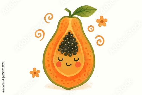 Cute smiling papaya with seeds and decorative elements in watercolor style