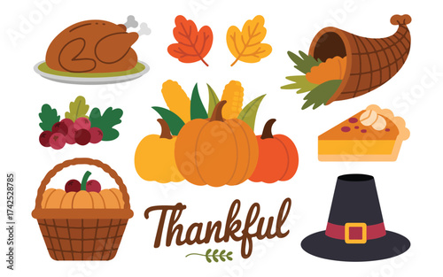 A collection of Thanksgiving-themed illustrations on a white background