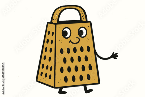 Friendly cartoon cheese grater with anthropomorphic features and smiling face