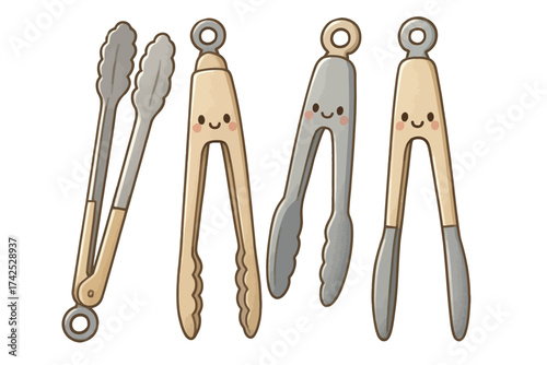 Cute cartoon kitchen tools: happy tongs and nutcrackers with smiling faces