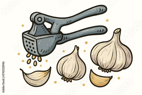 Garlic and press illustration with garlic bulbs and cloves
