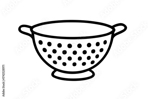 Hand-drawn black and white colander drawing with handle