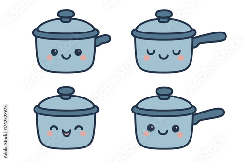 Cute blue cartoon cooking pots with happy faces in various expressions