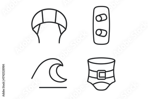 Minimalist line icons of kiteboarding gear and ocean wave