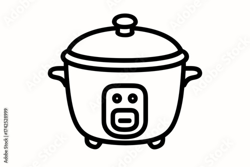 Simple outline of a rice cooker with handles and lid in black and white