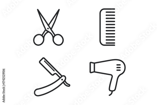 Barber shop tools: scissors, comb, razor, hairdryer icon set