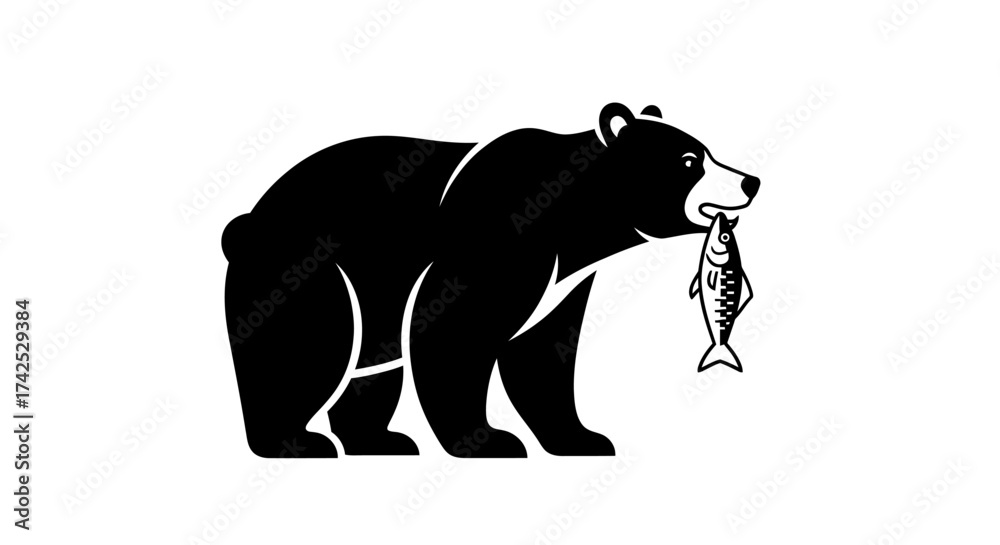 Fototapeta premium Black Bear Holding Fish in Mouth Vector Illustration.