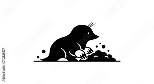 Stylized Black and White Mole Digging in Earth.