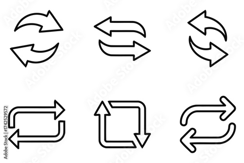 Versatile set of scalable vector arrow icons for reload refresh repeat circular directional actions silhouette vector illustration white background