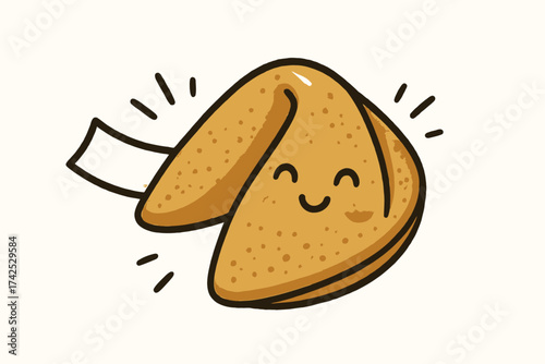 Smiling cartoon fortune cookie with paper message and happy face