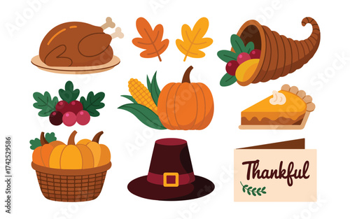 A collection of Thanksgiving-themed illustrations on a white background