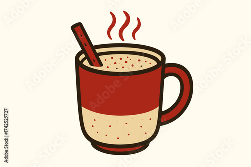 Steaming hot chocolate in red mug with cinnamon stick