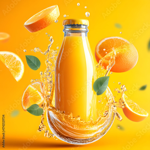 Orange Juice Splash: A refreshing bottle of orange juice bursts with vibrant flavors, surrounded by juicy orange slices and a playful splash, all set against a bright, inviting backdrop.