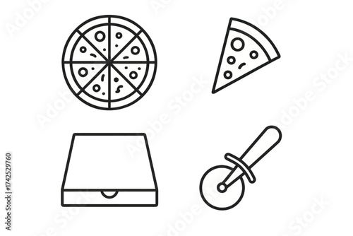 Pizza icons: whole, slice, box, cutter - simple line drawing