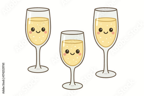 Cute kawaii champagne glasses with smiling faces