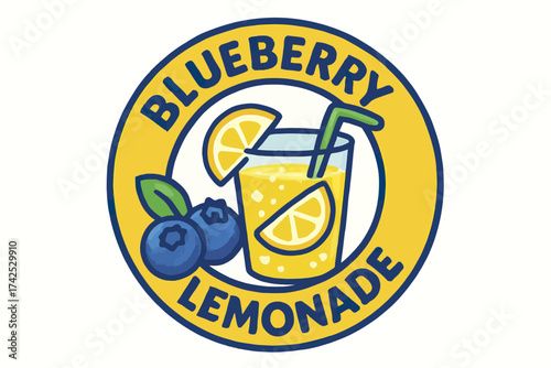 Blueberry lemonade logo with glass and fruit illustration