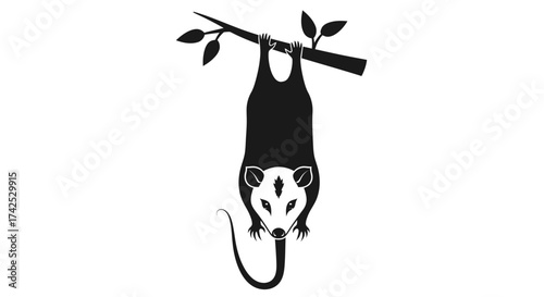 Opossum hanging from a tree branch in black and white.