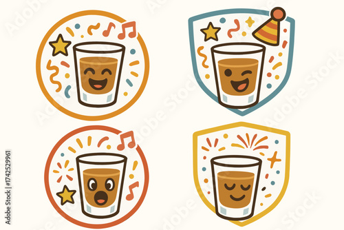 Colorful cartoon drinking glasses with celebratory icons and expressions