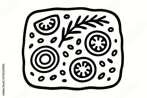 Black and white line drawing of focaccia bread with tomatoes and rosemary