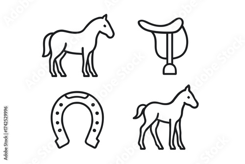Outline icons of horse, saddle, horseshoe, and foal