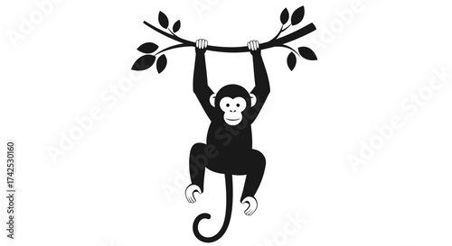 Monkey hanging from tree branch silhouette illustration isolated on white background.
