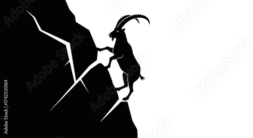 Silhouette of an ibex climbing a steep rocky cliff face.