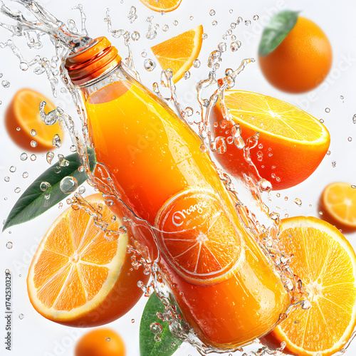 Refreshing Citrus Burst: A vibrant scene showcasing a bottle of freshly squeezed orange juice, water splash, and surrounded by juicy orange halves. Capture the essence of refreshment and vitality.