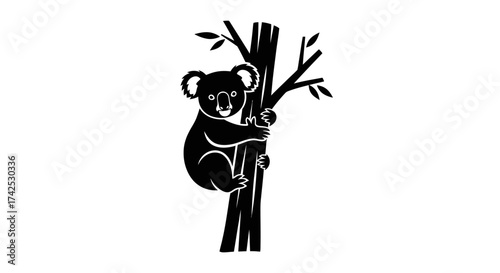 Koala bear climbing tree branch in black and white illustration.