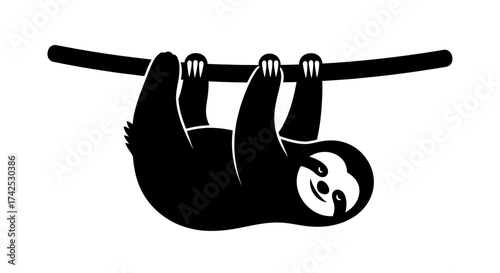 Cute Sloth Hanging Upside Down on a Branch Black Silhouette.