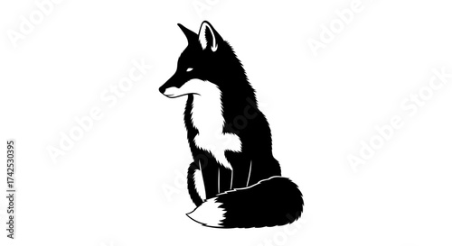 Black and white illustration of a sitting fox with a bushy tail.
