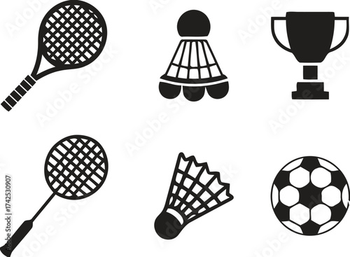 Sports equipment vector graphics set tennis badminton soccer ball trophy icons scalable eps silhouette vector illustration white background