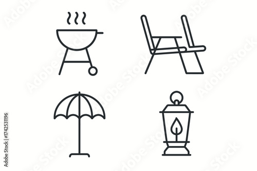 Outdoor essentials: bbq grill, deck chair, umbrella, lantern icons