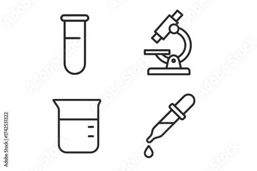 Laboratory equipment icons: test tube, microscope, beaker, pipette