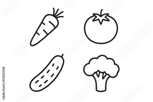 Outline icons of carrot, tomato, cucumber, and broccoli