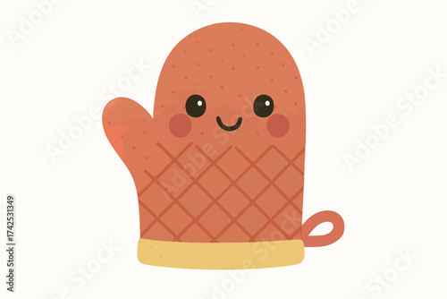Cute smiling cartoon oven mitt with red and yellow pattern