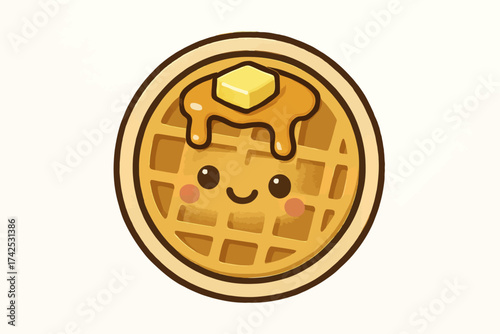 Cute smiling waffle with syrup and butter illustration